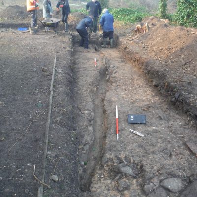 This stone-lined gully is believed to be a drain which pre-dates the pele tower. © Copyright ARS Ltd 2018