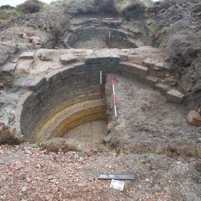 Trench 1 at Boulby showing a cistern, probably for storage of excess alum liquor. Scales = 2 x 1m and 2 x 2m. © Copyright ARS Ltd 2018