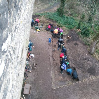 Volunteers hard at work excavating Trench 10 beside the pele tower. © Copyright ARS Ltd 2018