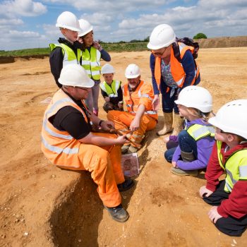 Showing school children a human skeleton at Tarmac's Black Cat Quarry. © Copyright ARS Ltd 2018