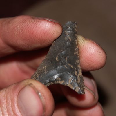 A Neolithic arrowhead made from dark grey flint. © Copyright ARS Ltd 2018