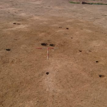 The Neolithic rectangular post-built house with the off-set, wider end in the foreground (scales = 2 x 2m). © Copyright ARS Ltd 2018