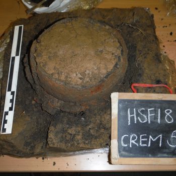 Micro excavation of Cremation 5 in progress (scale = 30cm). © Copyright ARS Ltd