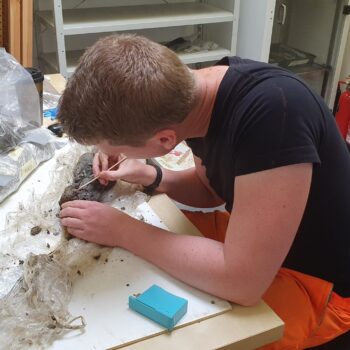 Carefully cleaning one of the medieval coffin panels © Copyright ARS Ltd 2021