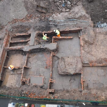 Overview of back-to-backs between Baptist Street and Deakin’s Court with entrance staircase and passage under excavation © Copyright ARS Ltd 2022